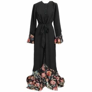 NWT ANNAH HARIRI BLACK GYPSY MODEST FLORAL BELTED BUTTON FRONT MAXI DRESS - 8